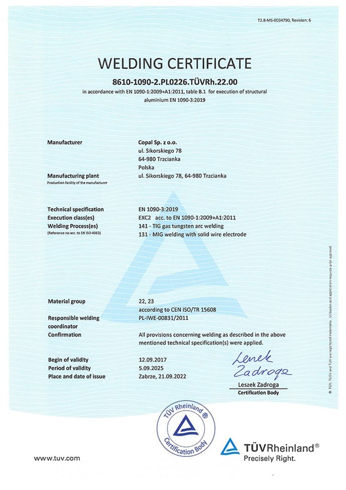 certificate EN 1090-3
